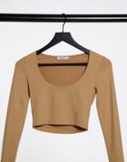 Stradivarius Scoop Neck Long Sleeve Crop Top In Beige-neutral