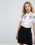Pull & Bear Embroidered Short Sleeve Shirt - White