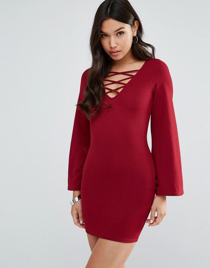 Ax Paris Dress With Lace Up Detail - Wine