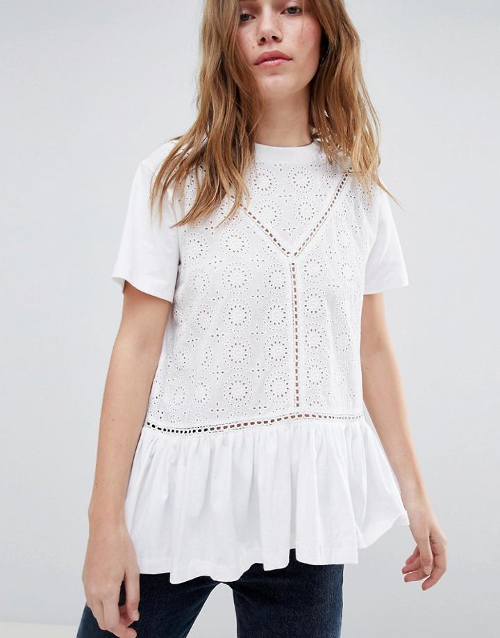 Asos Design Smock T-shirt With Broderie And Frill Hem - White
