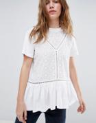 Asos Design Smock T-shirt With Broderie And Frill Hem - White