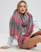 Asos Long Woven Scarf In Highlight Pink And Gray Check - Multi