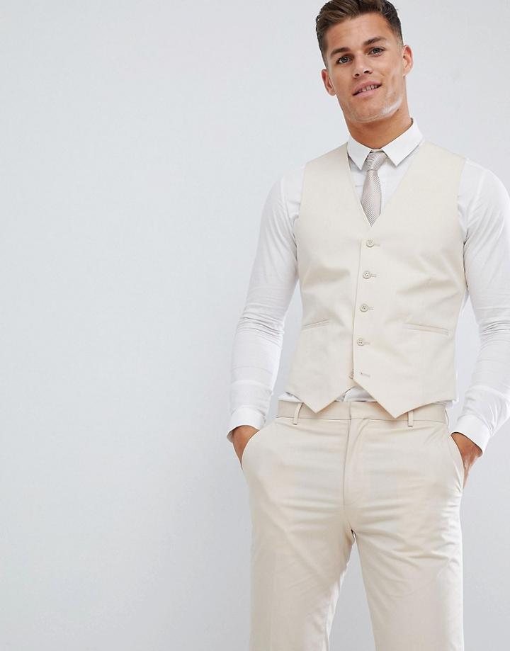 Asos Design Wedding Skinny Suit Waistcoat In Stretch Cotton In Stone - Stone