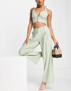 Skylar Rose 2 Piece Wide Leg Pants With Halter Neck Crop Top Set In Sage Green