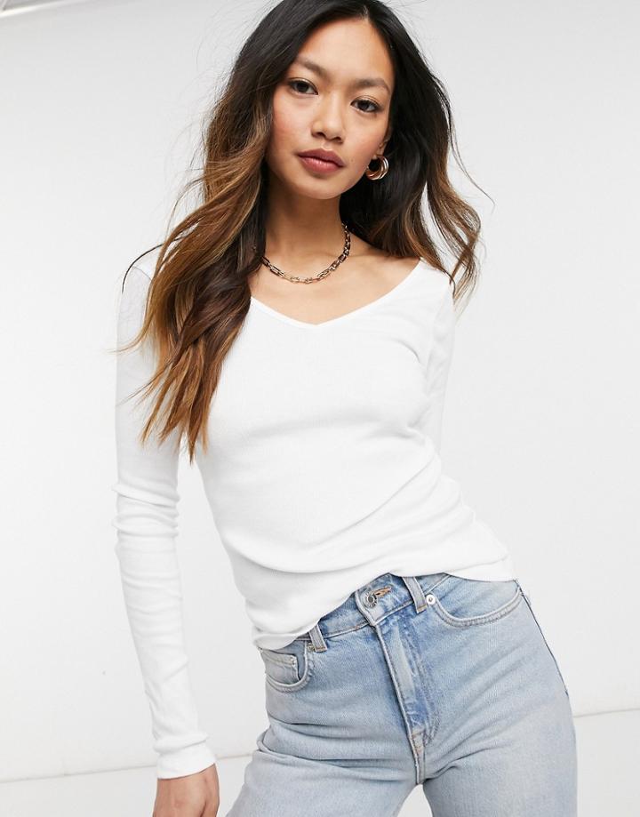 River Island V-neck Long Sleeved T-shirt In White