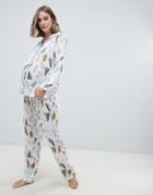 Asos Design Maternity Christmas Tree Traditional Shirt And Pants Pyjama Set In 100% Modal - White
