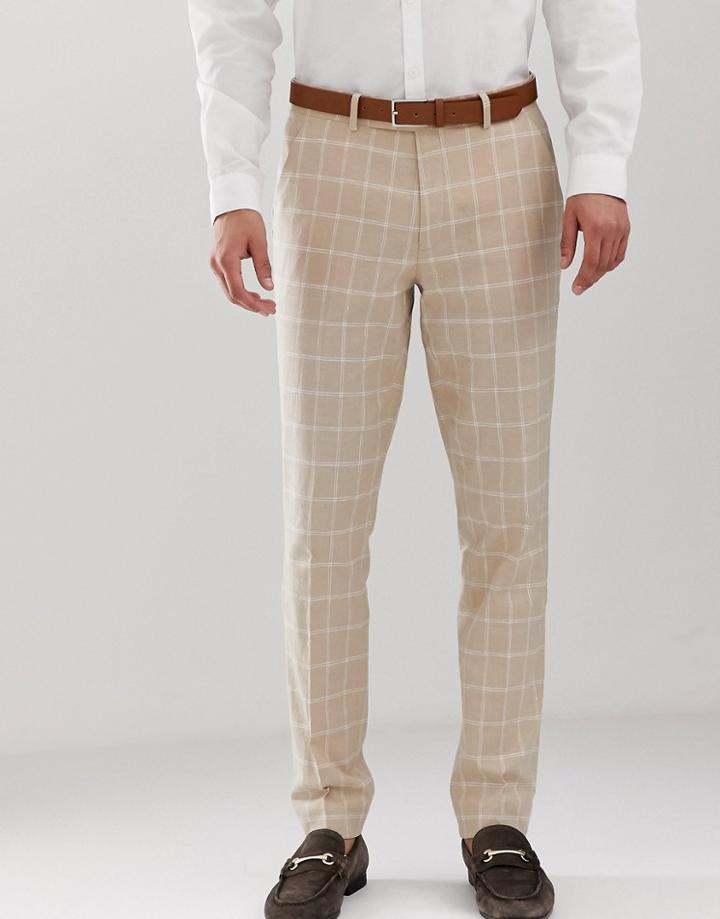 Asos Design Skinny Suit Pants In Camel Linen Windowpane Check - Beige