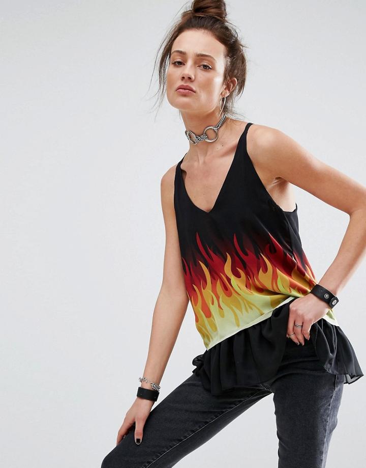 The Ragged Priest Cami Top With Peplum Hem In Flame Print - Black