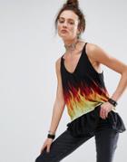 The Ragged Priest Cami Top With Peplum Hem In Flame Print - Black