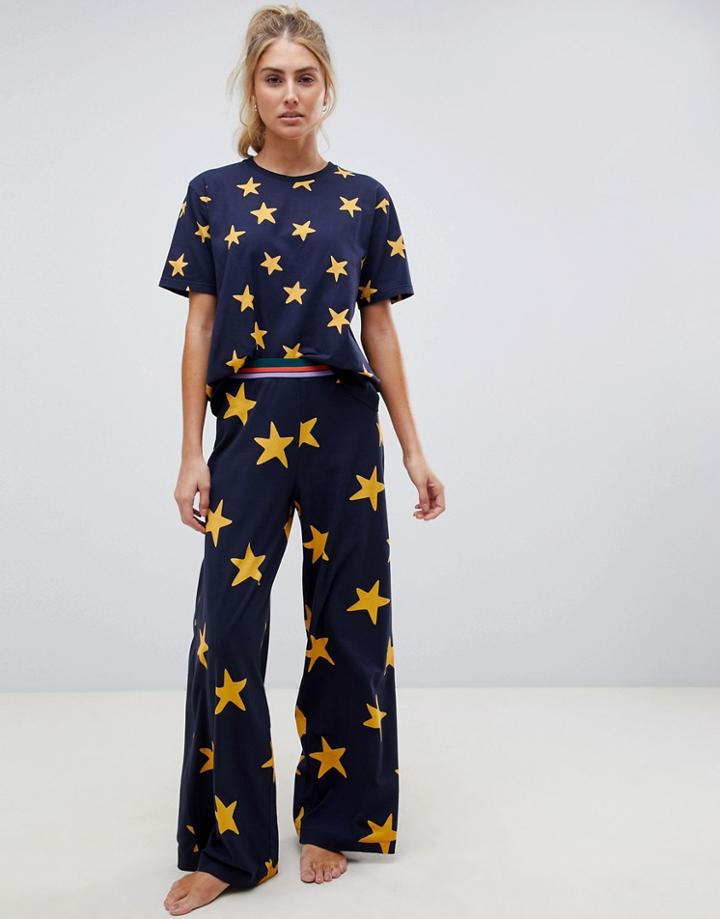 Asos Design Star Top And Wide Leg Pyjama With Contrast Elastic - Navy