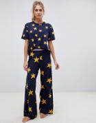 Asos Design Star Top And Wide Leg Pyjama With Contrast Elastic - Navy