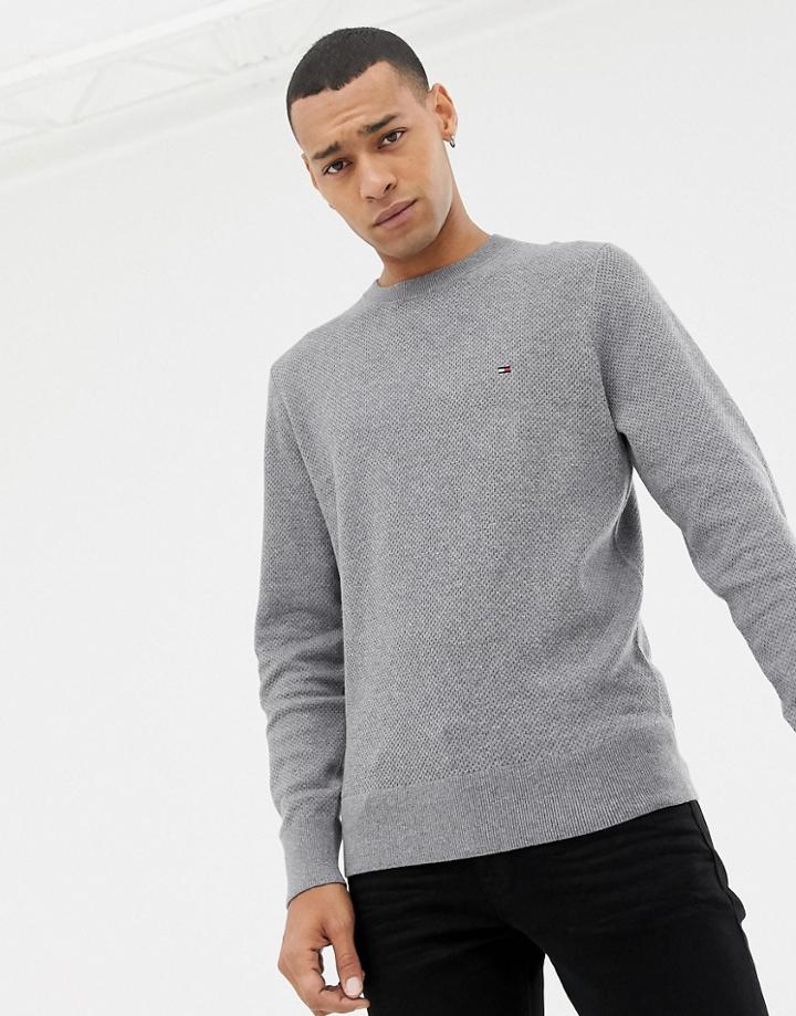 Tommy Hilfiger Cotton Mesh Textured Crew Neck Knit Sweater Icon Logo In Charcoal Marl - Gray