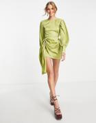 Ghospell Satin Mini Dress With Drape Front In Lime Zebra-green
