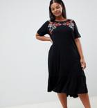 Asos Design Curve Midi Drop Hem T-shirt Dress With Embroidery - Black