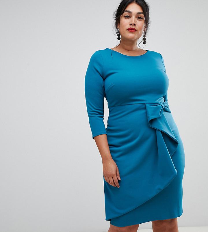 City Goddess Plus Long Sleeve Wrap Front Dress - Blue