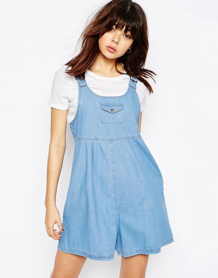Asos Denim Chuck On Romper In Mid Vintage Wash - Midwash Blue