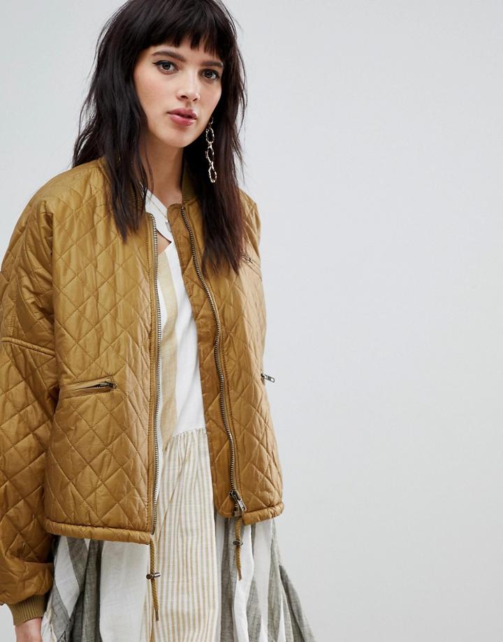 Free People Easy Quilted Bomber Jacket-green