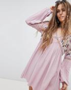 En Creme Long Sleeve Dress With Ladder Inserts And Floral Embroidery - Purple