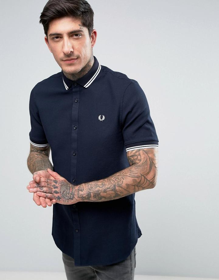 Fred Perry Short Sleeve Shirt Twin Tipped Waffle In Navy - Navy