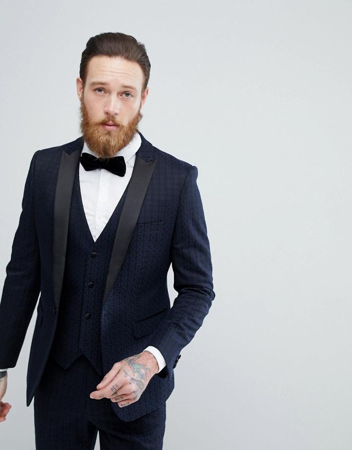 Harry Brown Tile Jacquard Skinny Fit Suit Dinner Jacket - Navy