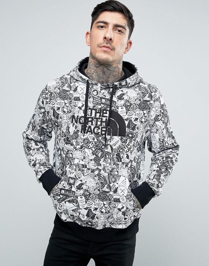 The North Face Drew Peak Hoodie Large Logo In White Stickerbomb Print - White