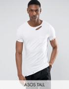 Asos Tall Longline Muscle T-shirt With Scoop Neck And Distressing - White