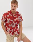 Selected Homme Revere Collar Shirt With All Over Bird Print In Red - Red