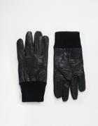 Asos Leather Gloves With Knit Cuff In Black - Black