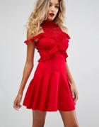 Asos Lace Top Ruffle Cold Shoulder Skater Dress - Red