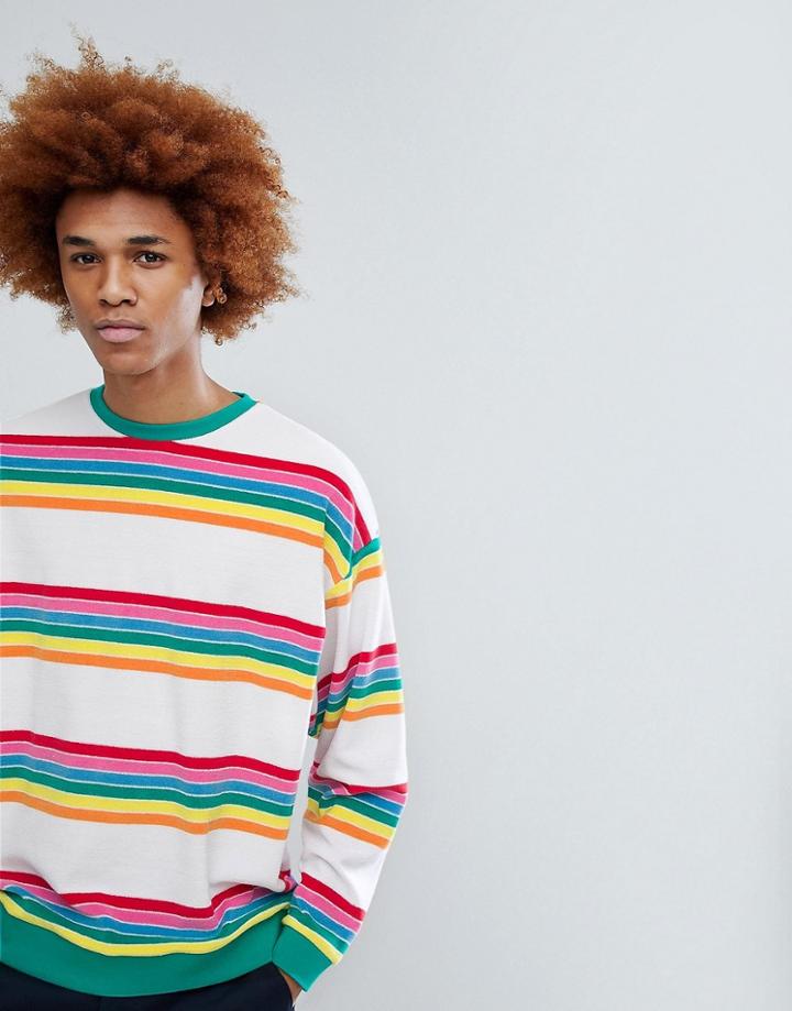 Asos Oversized Sweatshirt In Rainbow Toweling Stripe - White