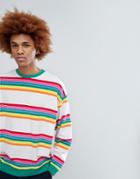 Asos Oversized Sweatshirt In Rainbow Toweling Stripe - White