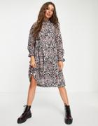 Only Midi Dress With Frill Neck In Floral Print-multi