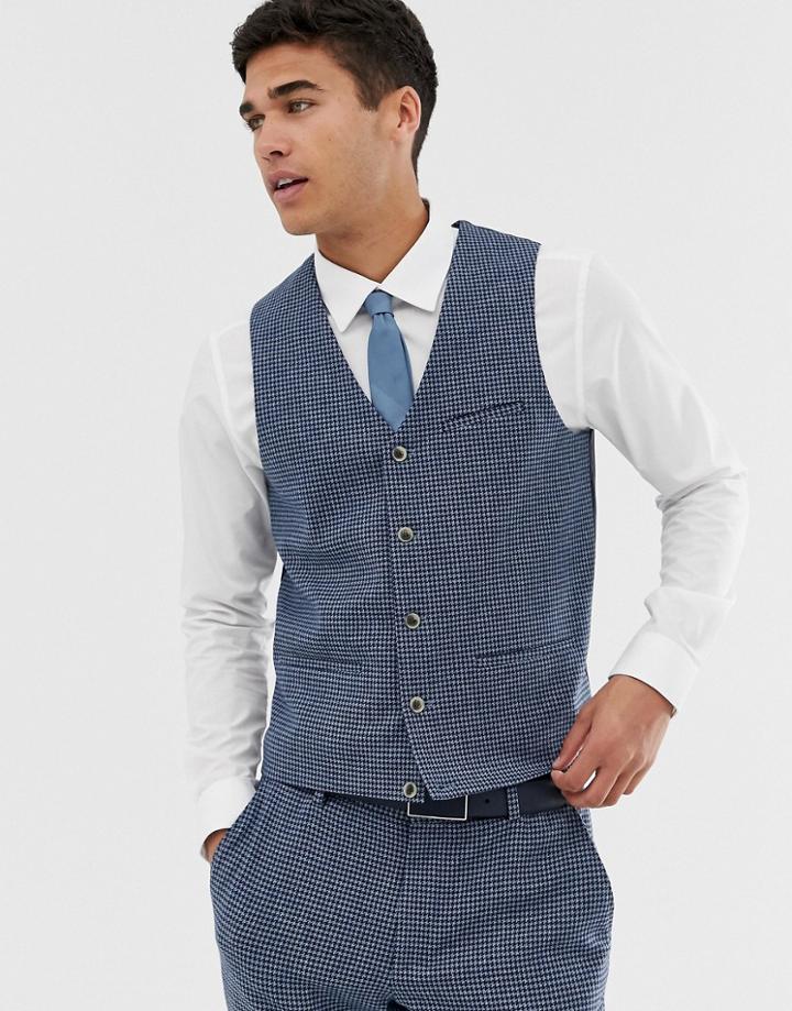 Asos Design Super Skinny Suit Vest With Blue Houndstooth - Blue