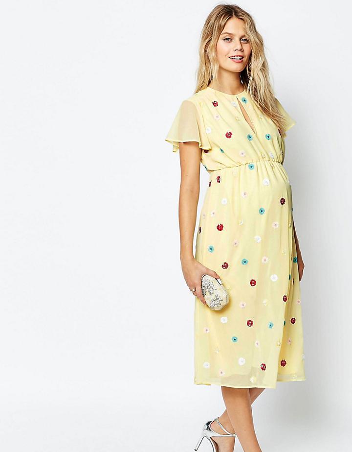 Asos Maternity Midi Dress With Embellished Multi Color Flowers - Multi