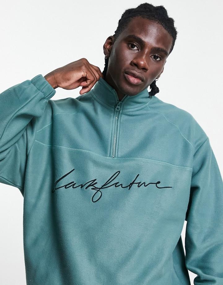 Asos Dark Future Oversized Zip Through Funnel Neck Polar Fleece In Green With Embroidered Logo - Part Of A Set