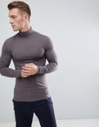 Asos Design Muscle Fit Long Sleeve T-shirt With Roll Neck In Brown - Brown