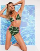 Asos Design Reversible High Waist Bikini Bottom With Tie Up Sides In Green Neon Snake Print-multi
