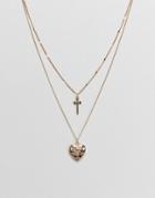 Asos Design Vintage Style Dagger And Heart Locket Pendant Multirow Necklace - Gold