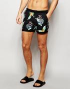 Asos Short Length Swim Shorts With Tropical Floral Print And Fixed Waistband - Black