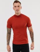 Asos Design Knitted Cotton Turtleneck T-shirt In Burnt Orange - Orange