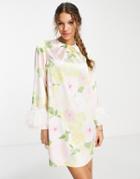 Twisted Wunder Mini Shift Dress With Faux Feather Cuffs In Yellow Blossom Print