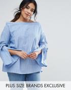 Unique 21 Hero Striped Bardot Top With Fluted Split Sleeve - Blue
