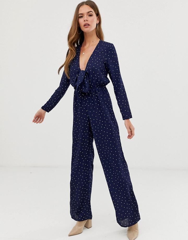 In The Style Billie Faiers Tie Front Polka Dot Jumpsuit - Navy