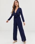 In The Style Billie Faiers Tie Front Polka Dot Jumpsuit - Navy
