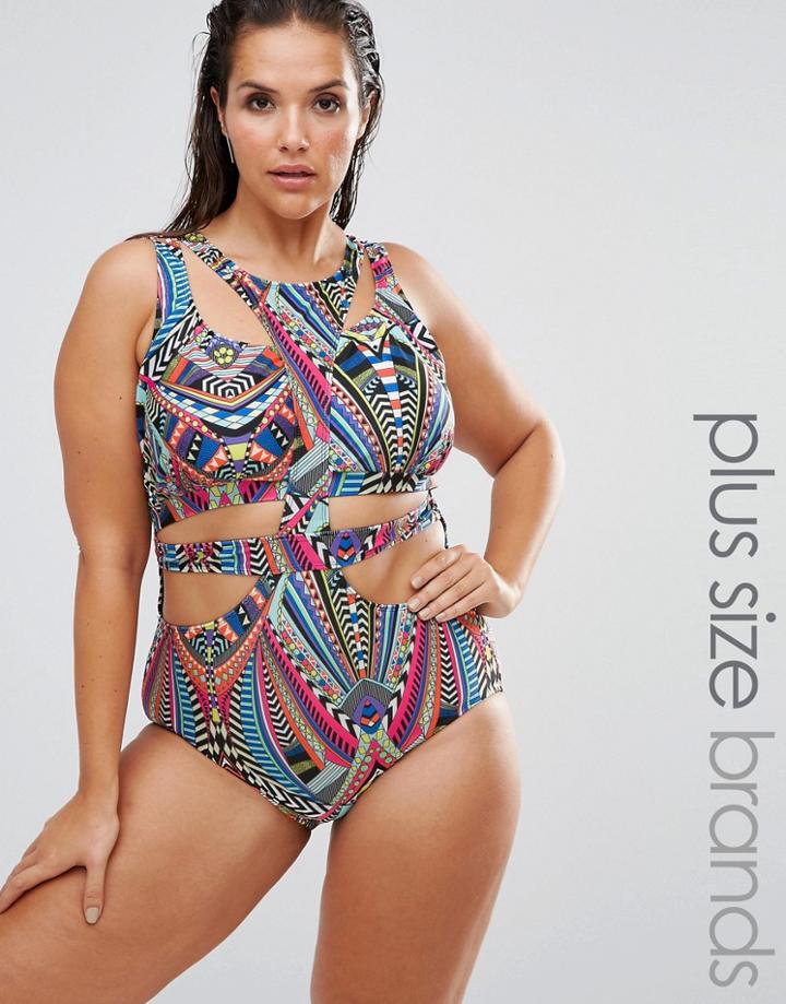 Monif C Curve Tribal Print Cut Out Swimsuit - Multi