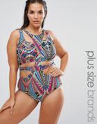 Monif C Curve Tribal Print Cut Out Swimsuit - Multi