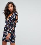 Prettylittlething Bow Sleeve Floral Dress - Navy