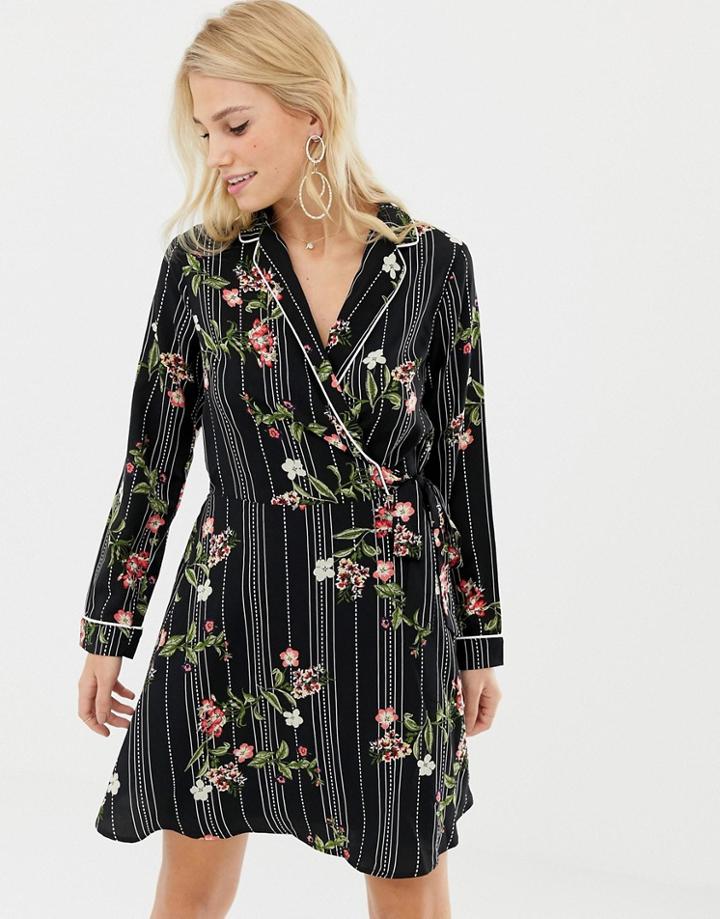 Liquorish Wrap Front Floral Print Dress-black