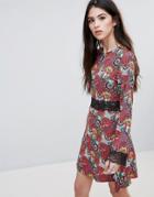 Daisy Street Floral Print Skater Dress With Lace Detail - Multi