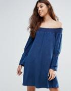 Influence Shirred Bardot Chamray Dress - Blue